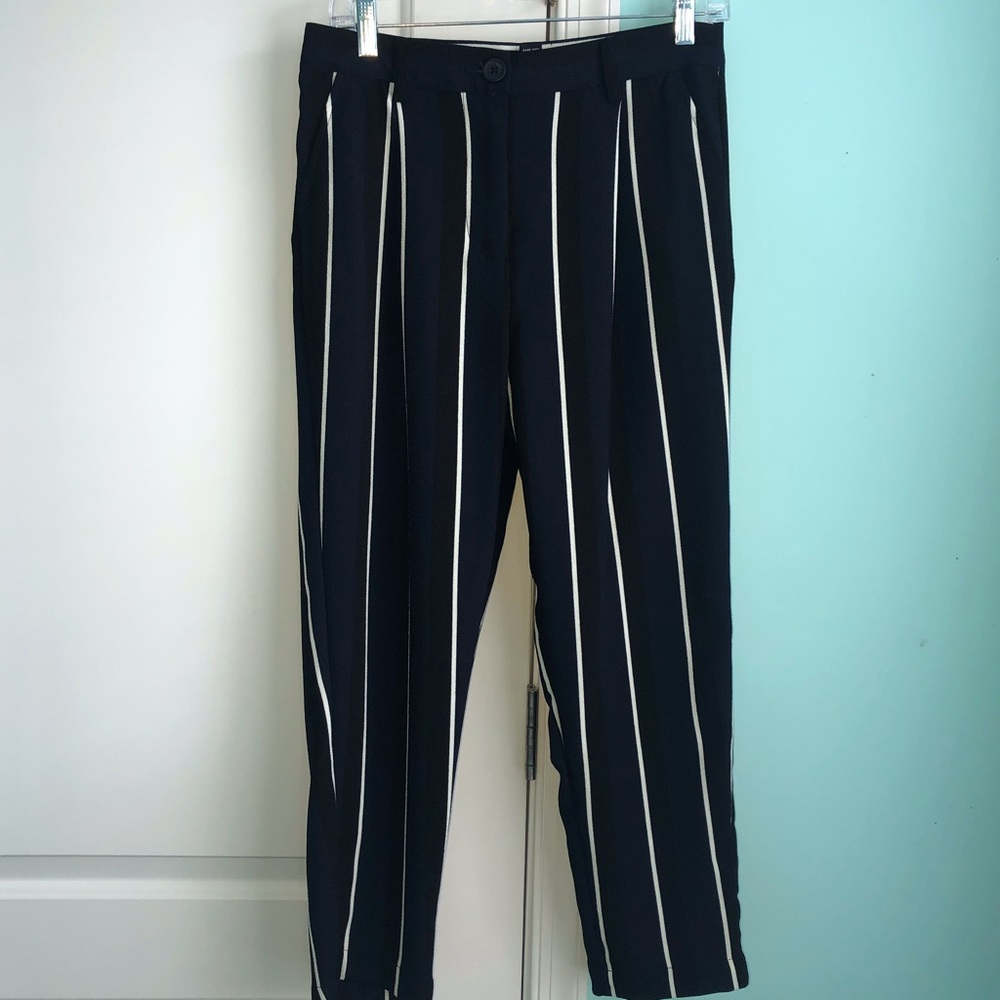 WhoWhatWear navy blue, black & white striped pants